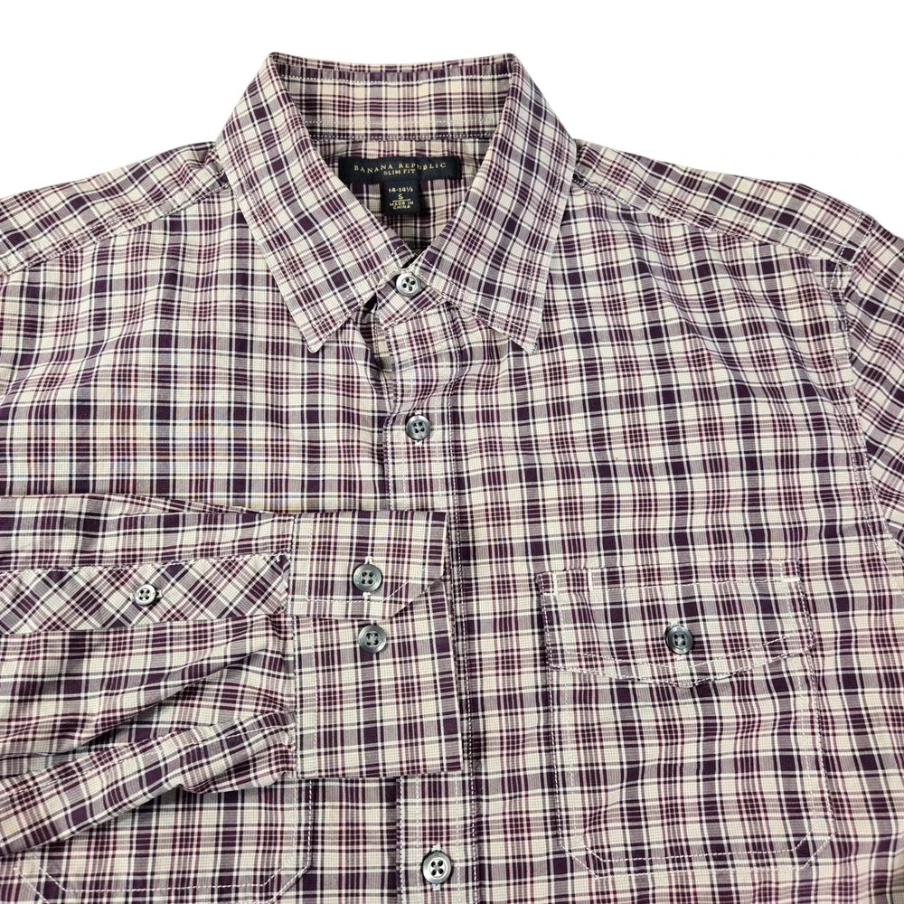 Banana Republic Men's Slim Fit Plaid Button Down Shirt Purple White Cotton Small